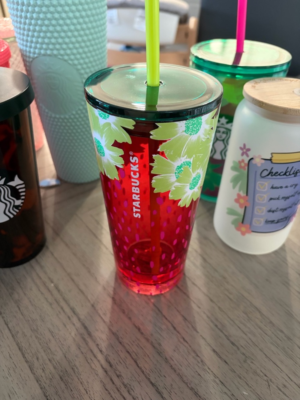 Starbucks Red Floral Double-Wall Tumbler with Green Flowers and Lime Straw